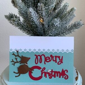 HAND CRAFTED Merry Christmas Holiday Card 3D Design with Reindeer & Faux Gems